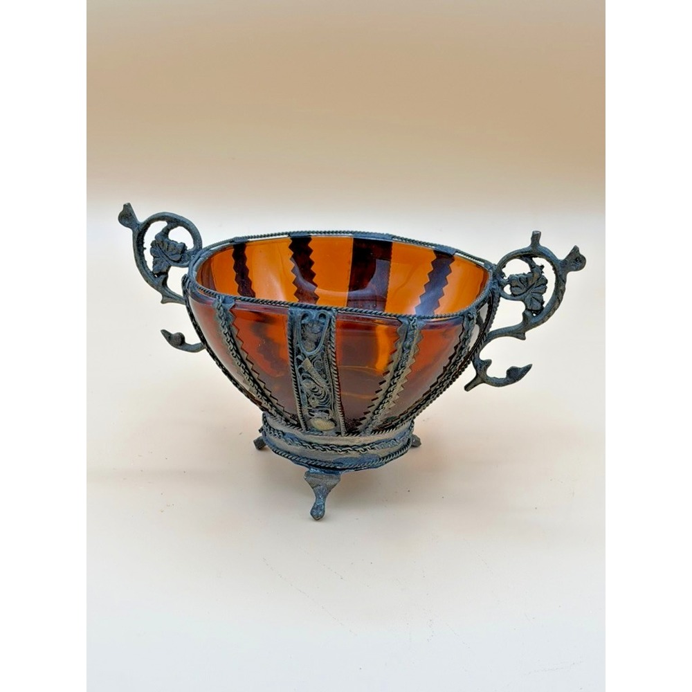 Art Nouveau Orange Glass Footed Bowl Ornate Wrought Iron Frame Majorelle Style